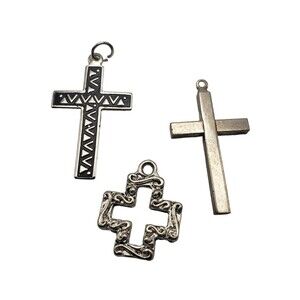Silver Tone Cross Pendants Charms Unisex Christian Faith Lot of 3